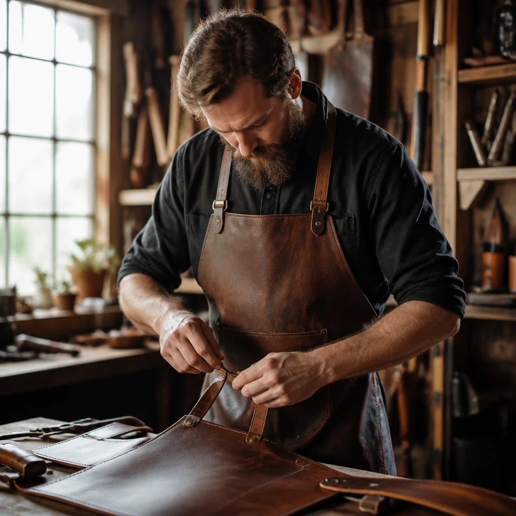 Artisan cousant un tablier en cuir dans l'atelier