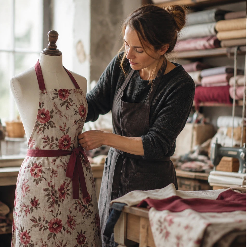 Artisan cousant un tablier de cuisine femme dans l'atelier