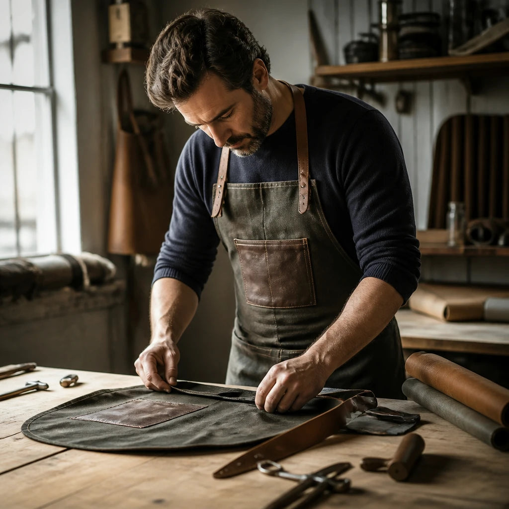 Artisan cousant un tablier de cuisine homme dans l'atelier