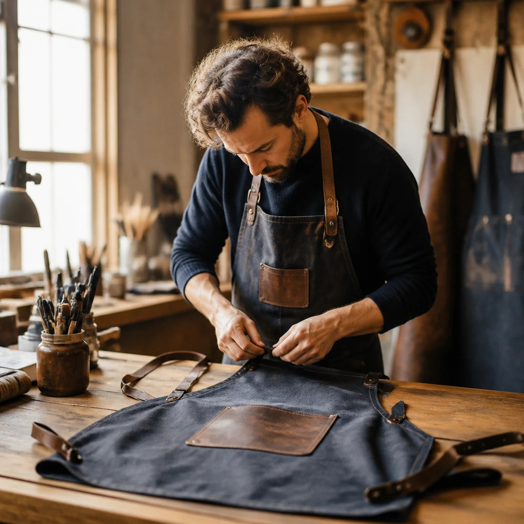 Artisan cousant un tablier de peinture dans l'atelier