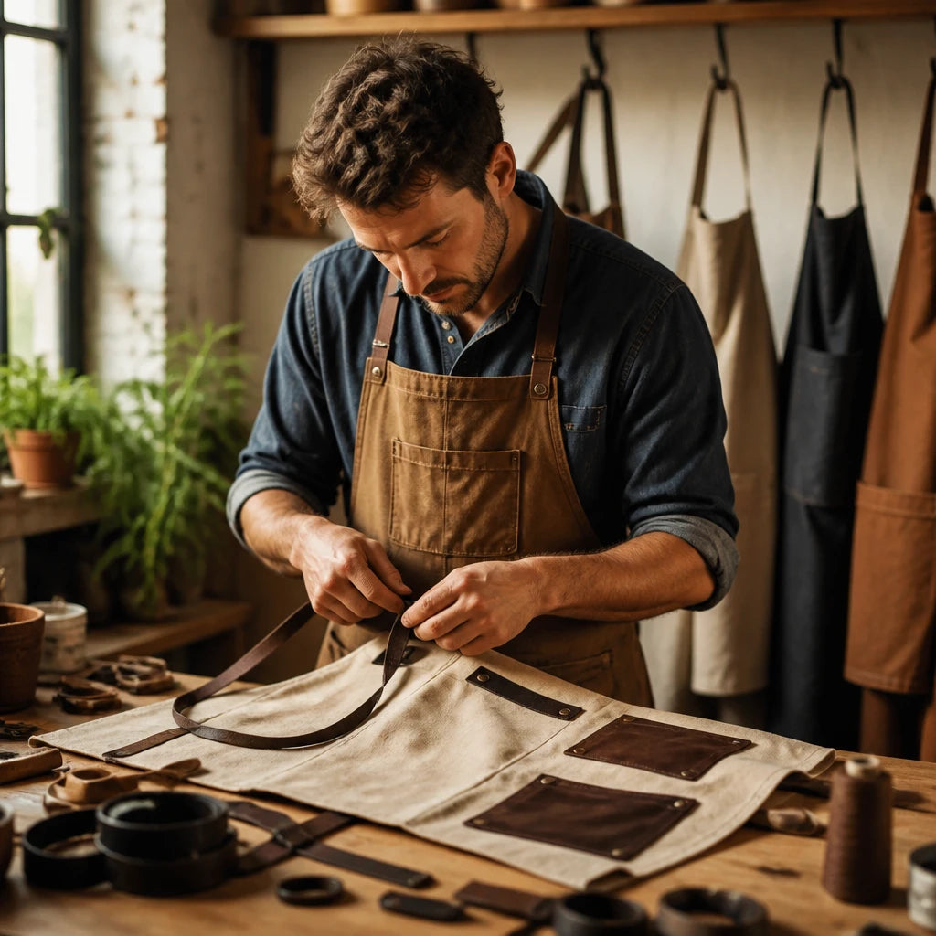 Artisan cousant un tablier humoristique dans l'atelier