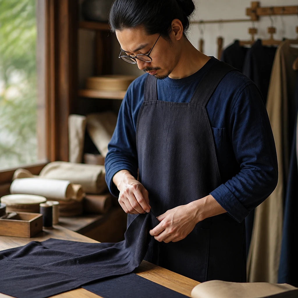Artisan cousant un tablier japonais dans l'atelier