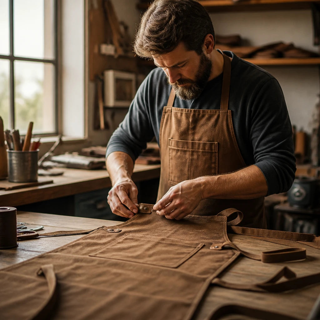 Artisan cousant un tablier personnalisé dans l'atelier