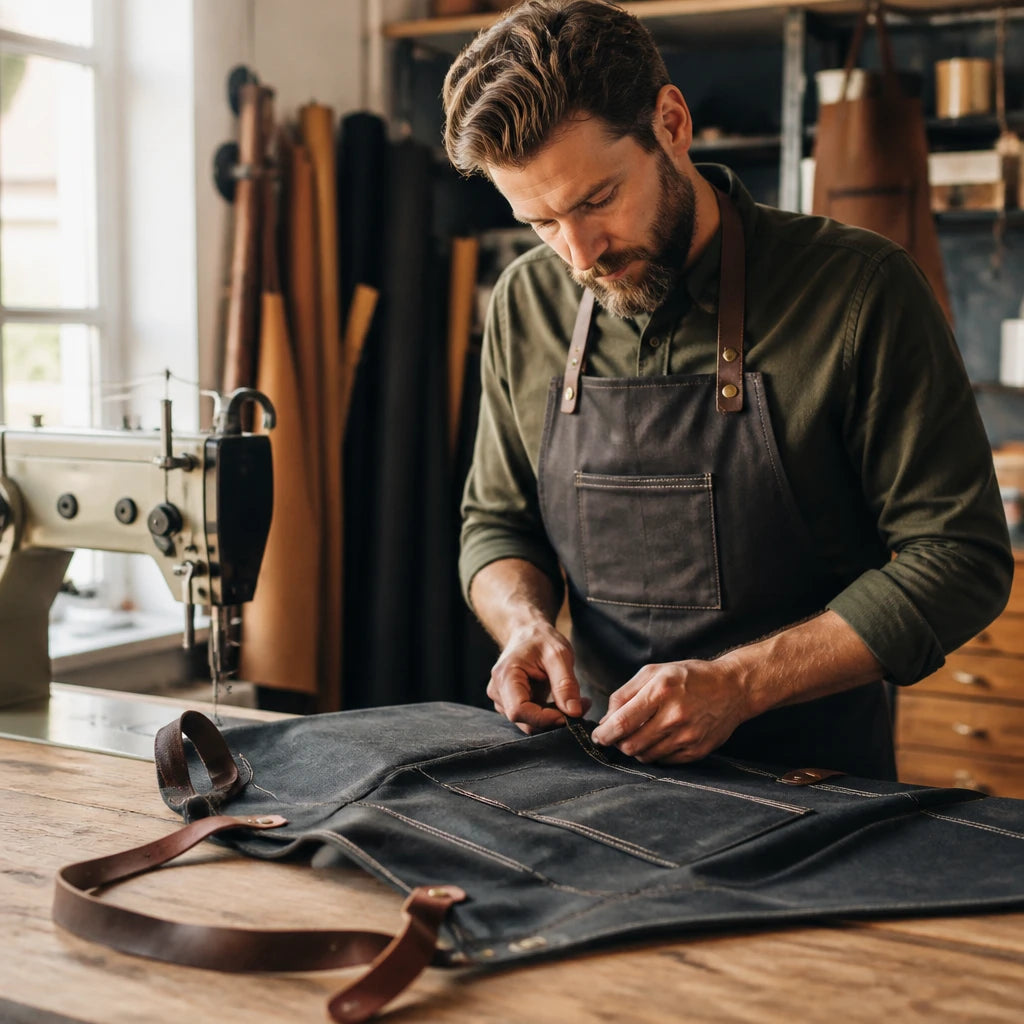 Artisan cousant un tablier professionnel dans l'atelier