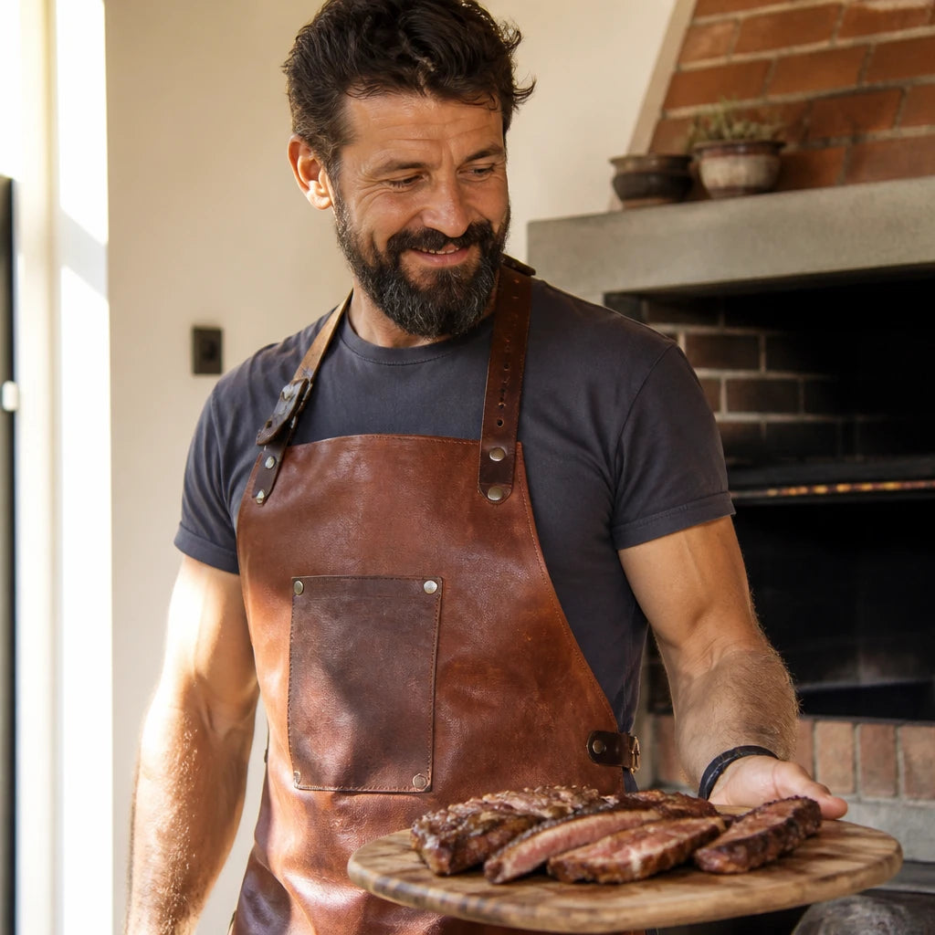 Client portant son tablier en cuir en cuisine