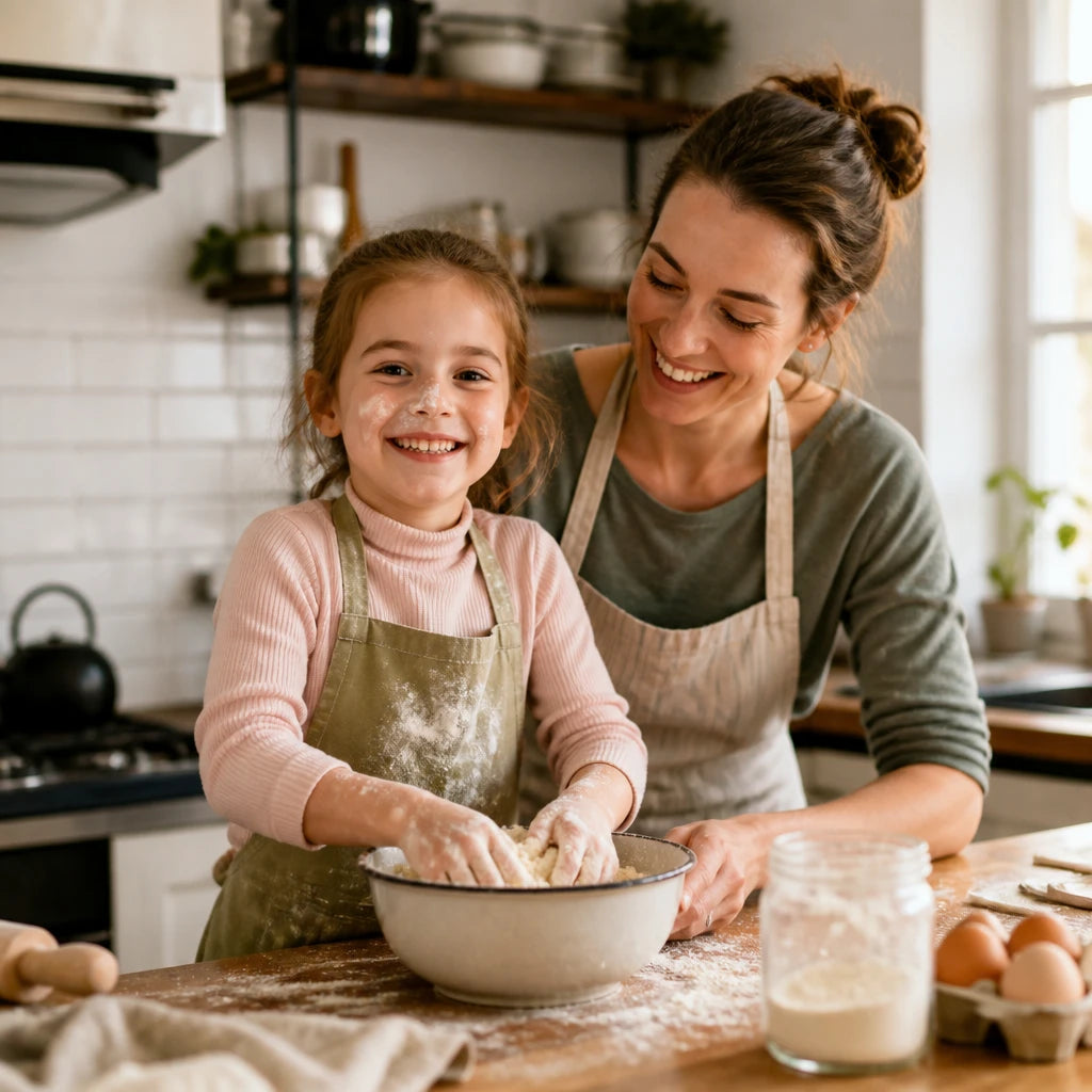 Client portant son tablier de cuisine enfant en cuisine