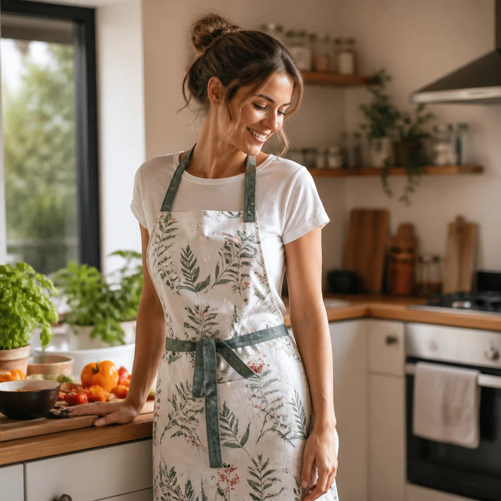 Client portant son tablier de cuisine femme en cuisine