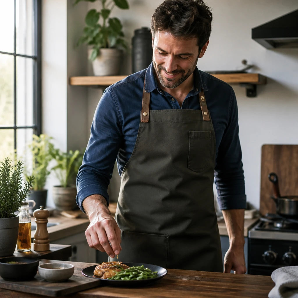 Client portant son tablier de cuisine homme en cuisine