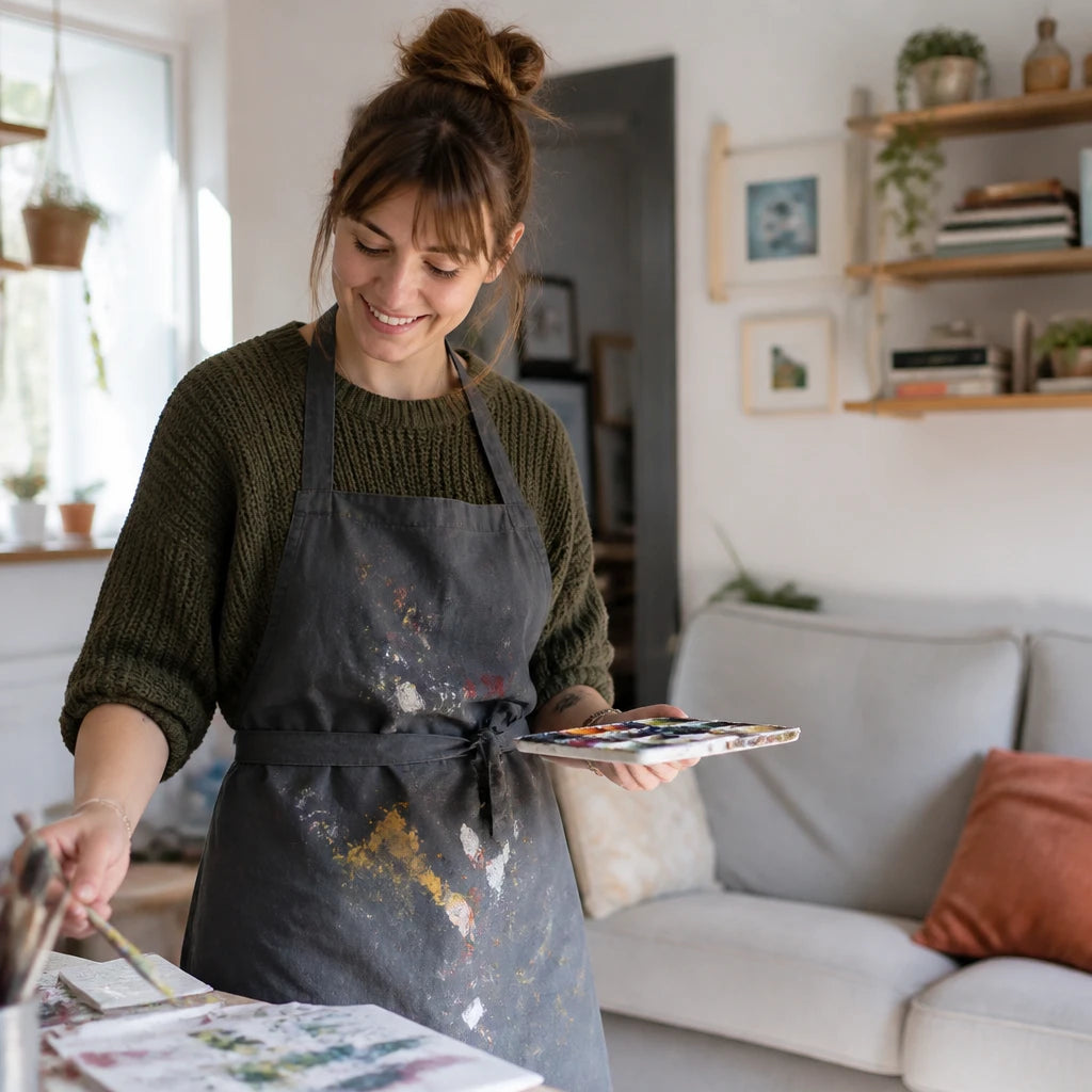 Client portant son tablier de peinture en cuisine