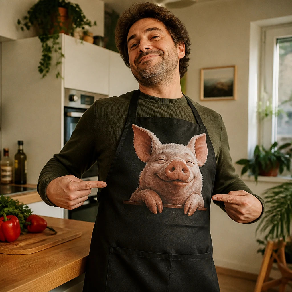 Client portant son tablier humoristique en cuisine