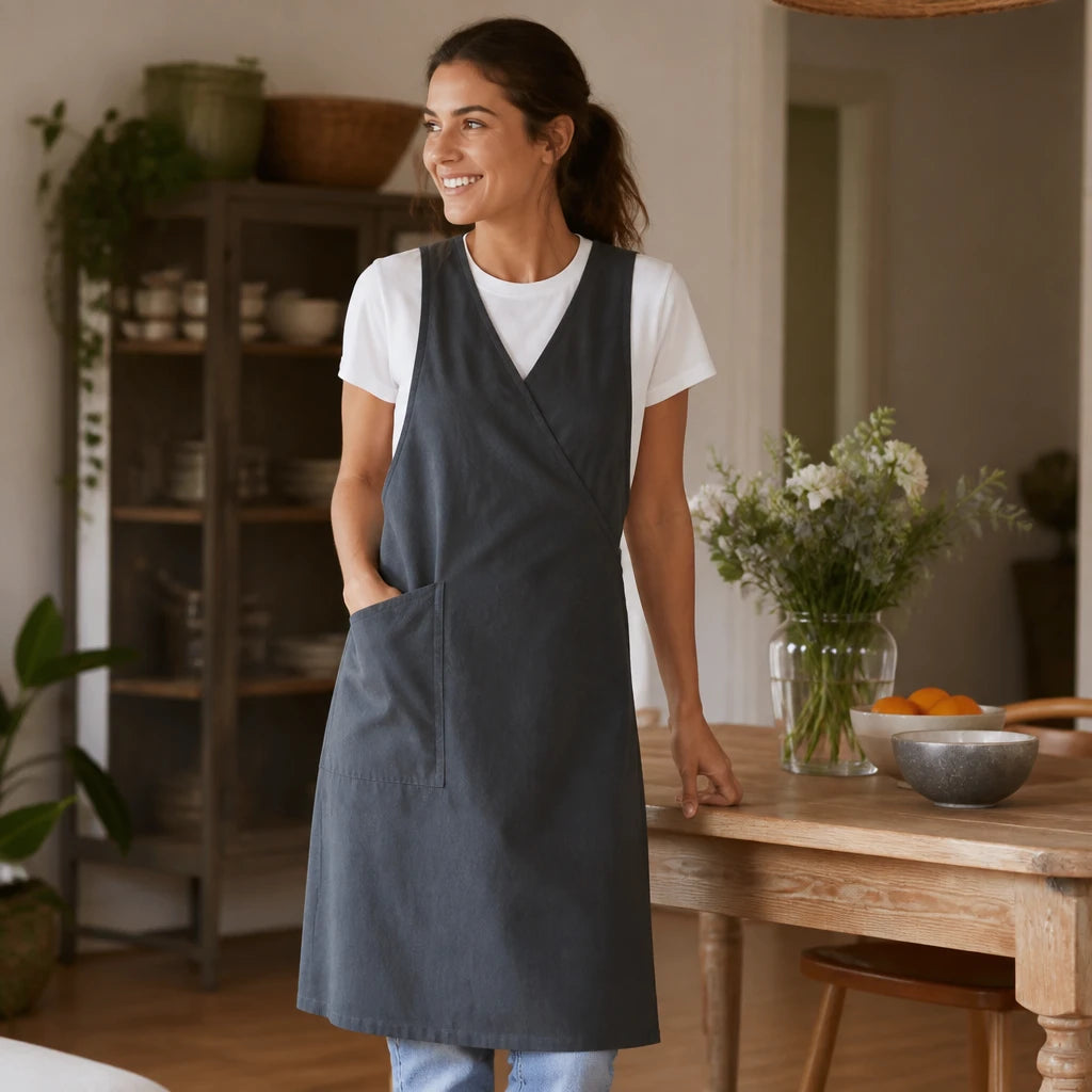Client portant son tablier japonais en cuisine