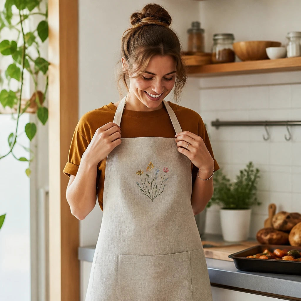 Client portant son tablier personnalisé en cuisine